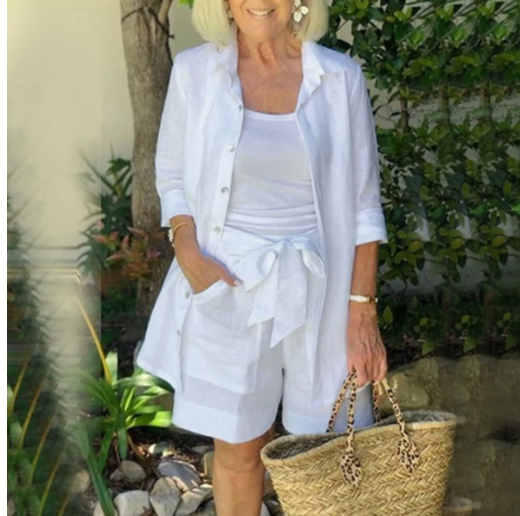 Women's solid color casual three piece top, suspender shorts