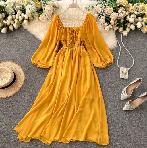 Women's French retro square neck Western style bubble sleeve chiffon skirt