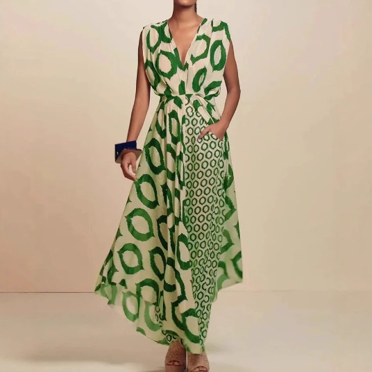 Elegant temperament printed sleeveless V-neck lace up top+slim fit pants set