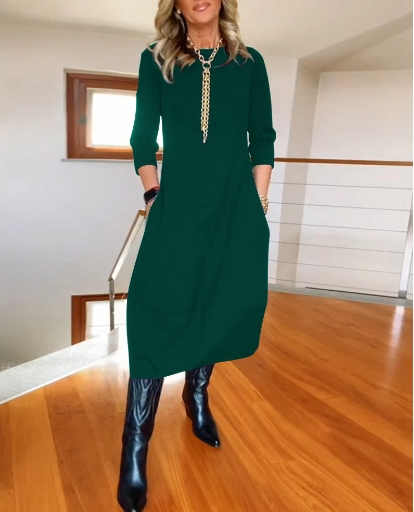 Elegant temperament, solid color, loose round neck, long sleeved women's dress