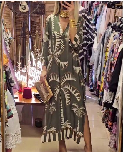 V-neck printed slit seven quarter sleeve casual sexy dress