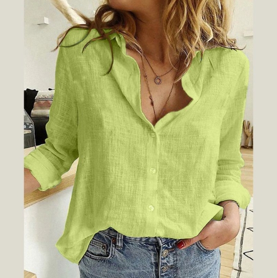 European and American solid color casual loose long sleeved linen shirt