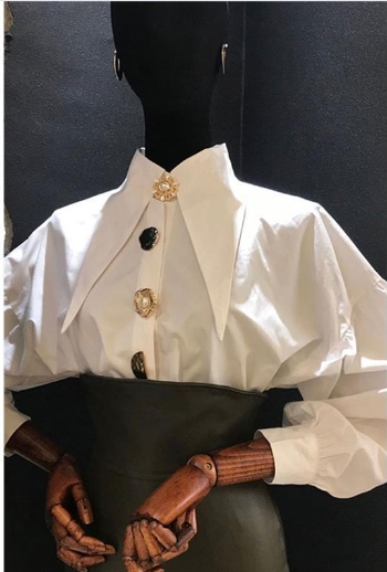Fashionable temperament pearl button lapel buckle long sleeved shirt women's top