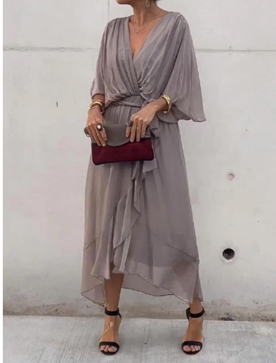 Solid color lace up long dress with bat sleeves, irregular dress in large size
