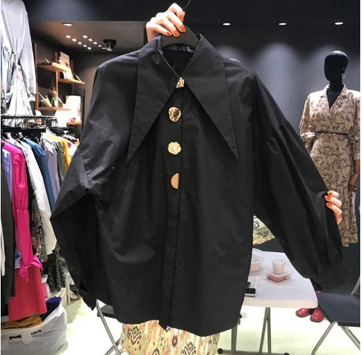 Fashionable temperament pearl button lapel buckle long sleeved shirt women's top