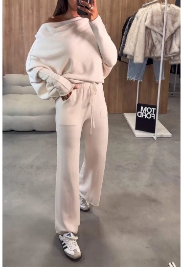 Temperament Commuter Set Off Shoulder Solid Color Fashion Casual Two Piece Set for Women