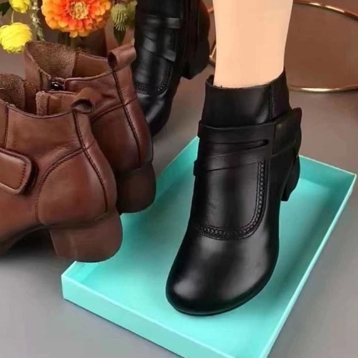 Short boots, women's thick heel, round head zipper, versatile leather boots, soft sole, soft surface