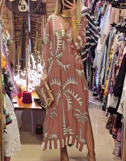 V-neck printed slit seven quarter sleeve casual sexy dress