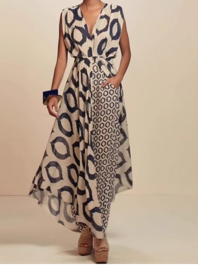 Elegant temperament printed sleeveless V-neck lace up top+slim fit pants set