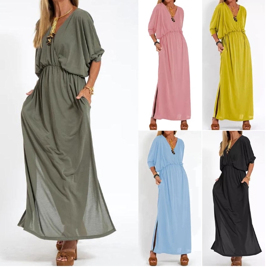 Fashionable solid color high waist split V-neck dress