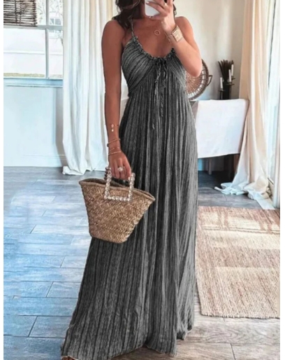 Solid color sexy backless U-neck suspender back long dress